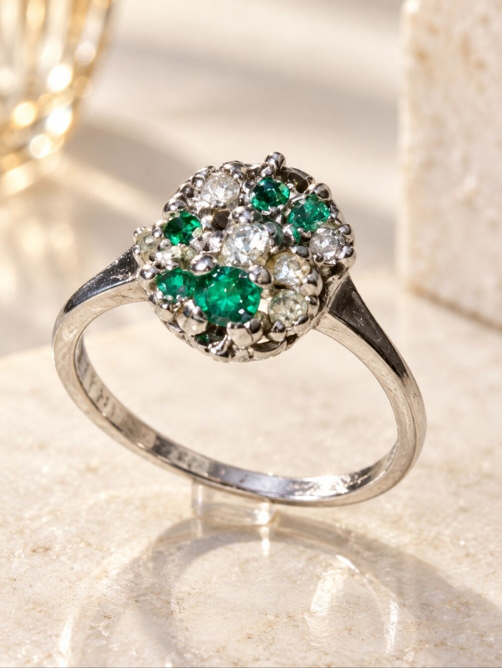Green Clear Stone Rising Spiral Cocktail Ring Silver Tone Size 8
